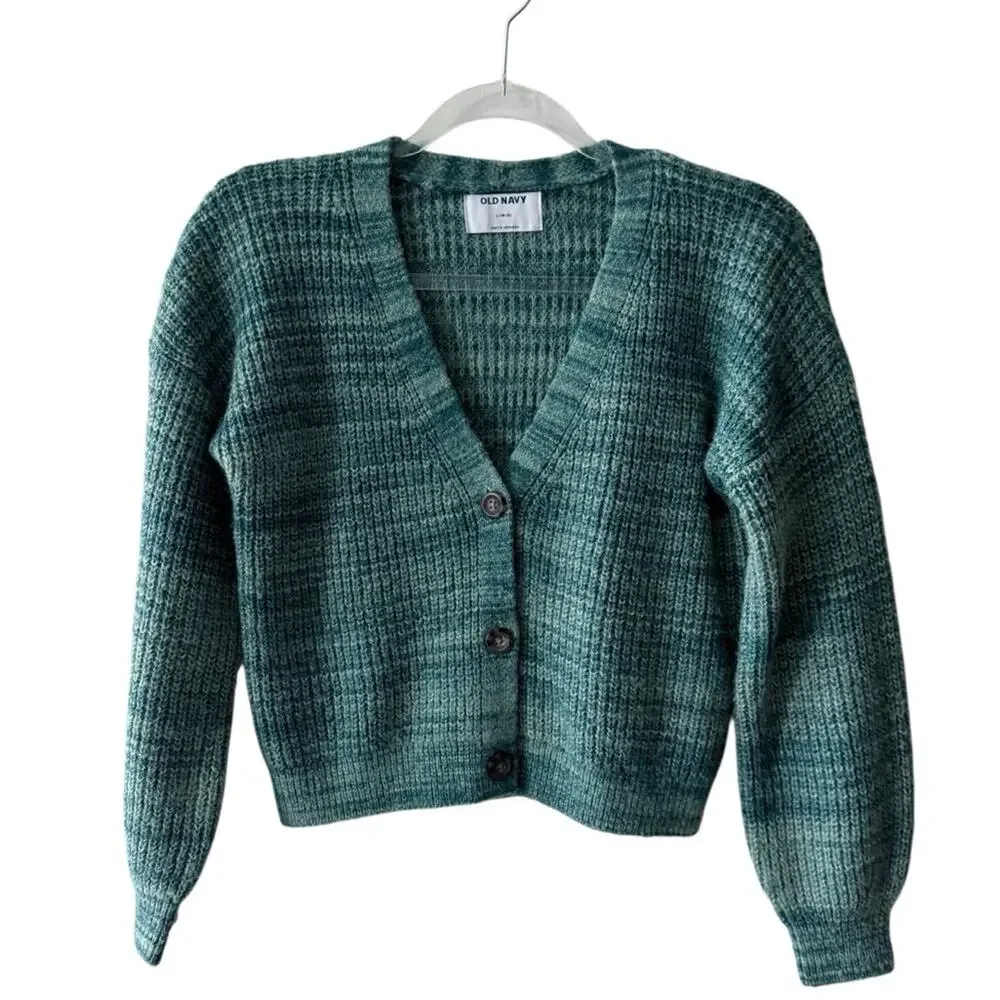 Old Navy Long Sleeve Marled V Neck Button Front Crochet Cardigan Teal L Girls